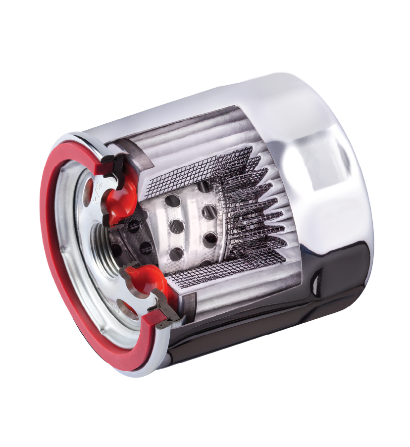 5Micron oil filter cutaway shows wire mesh media support backing